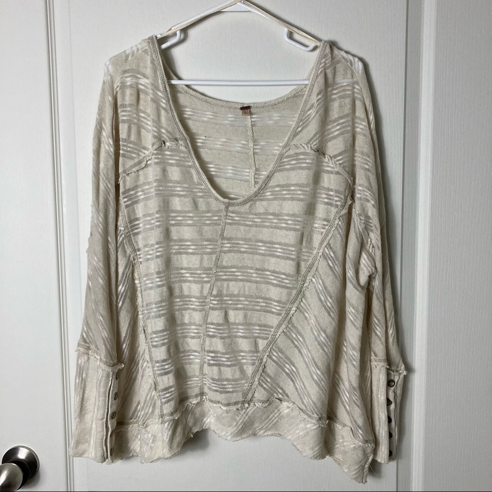 Free People Cream Long Sleeve Textured Top Swoop Neckline Size XS
